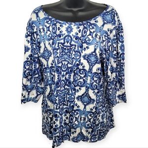 Sunny Leigh Women's Blue Patterned Top Puff Sleeves